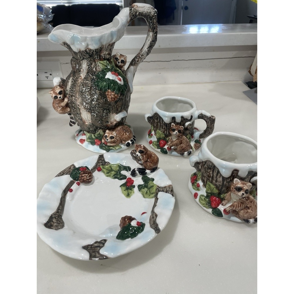 Majolica Christmas Raccoon Family Climbing A Tree Pitcher Set 3D Pottery Art